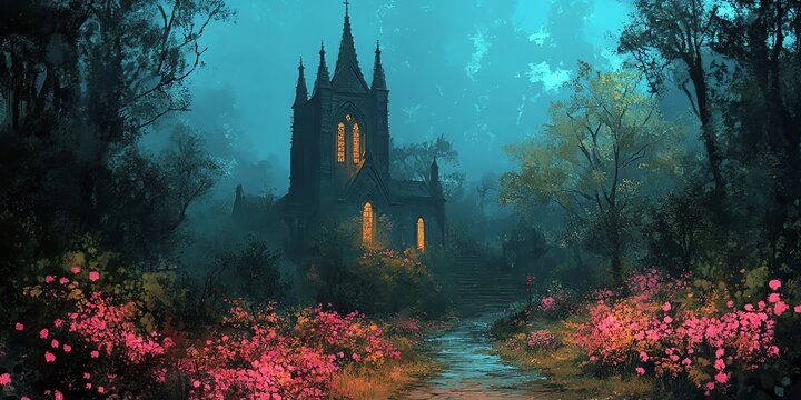 Gothic Church in Enchanting Forest at Night