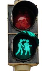 Lovely pedestrian traffic lights. Couple holding hands, green light, traditional values