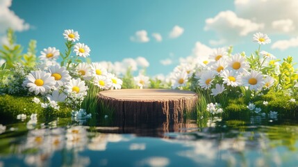 3D rendering of a wooden podium with a background of spring nature. A stump display stand on the grass near a lake, dotted with white flowers. Mockup for a product display.