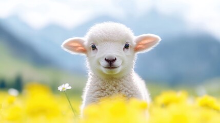 Obraz premium Adorable lamb in a field of dandelions