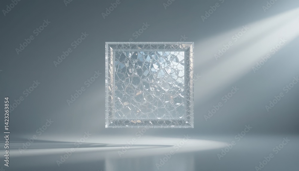 Poster illuminated crystal cube display modern studio 3d render minimalistic environment dramatic viewpoint