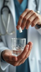 A focused healthcare professional, dressed in a white coat, is dropping a tablet into a glass of water, symbolizing care and healing. This image captures the essence of medical practice, highlighting