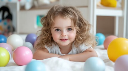 Toddler Girl Colorful Balls Playful Soft Lighting Portrait Close-Up View Curly Hair Joyful Playtime Nursery Setting Pastel Sweet Tones Ideal for Childcare Ads