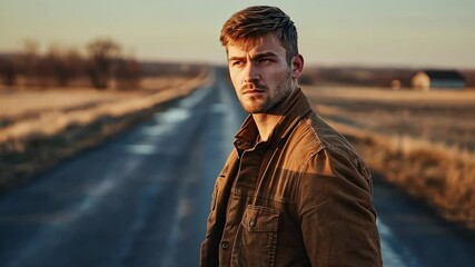 Young caucasian male in autumn countryside at sunset for travel promotion