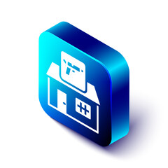 Isometric Hunting shop with rifle and gun weapon icon isolated on white background. Supermarket or store with weapon equipment. Blue square button. Vector