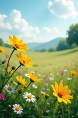 Obraz premium Wildflowers swaying gently in the breeze, landscape, fields