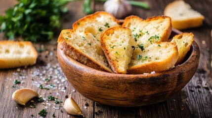 Freshly baked garlic bread served in a rustic wooden bowl with herbs and garlic cloves on a wooden table