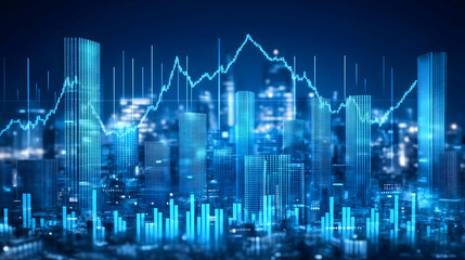 Fototapeta premium Blue Cityscape with Dynamic Financial Graphs at Night