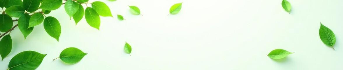 Naklejka premium Leafy green foliage scattered on a white background, serenity, leaves, simplicity