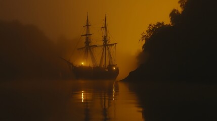 Fototapeta premium Mystical voyage: Tall ship navigating foggy waters under amber twilight