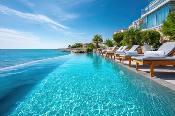 Fototapeta premium Beautiful view of a tranquil infinity pool overlooking the ocean with clear blue waters and comfortable lounge chairs under a bright sky near a coastal villa