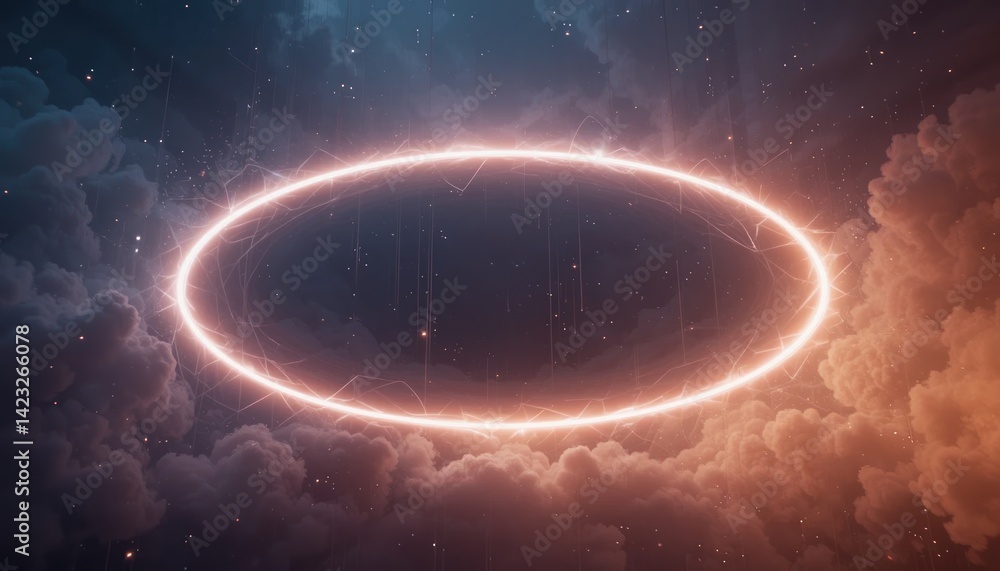 Poster celestial phenomenon ethereal light circle in cosmic clouds digital art surreal environment wide-ang