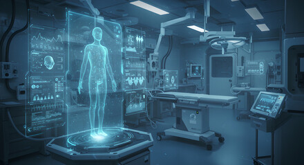 Naklejka premium Futuristic medical laboratory analyzing body on an interactive holographic display. Digital human. High-tech study personalized health person. Future of biomedicine, diagnostic. Healthcare