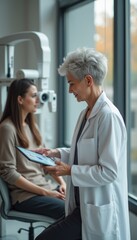 Obraz premium A professional optometrist with short gray hair smiles while reviewing a tablet, as a young woman sits attentively in an eye examination chair. This engaging scene captures the essence of modern