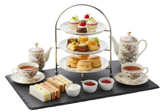 Elegant Afternoon Tea Set: Scones, Sandwiches, and Treats on Transparent  background
