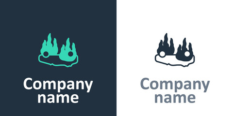 Logotype Burning car icon isolated on white background. Car on fire. Broken auto covered with fire and smoke. Logo design template element. Vector