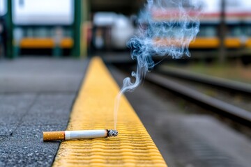 Lit cigarette discarded on train platform, smoke rising, blurred train in background.
