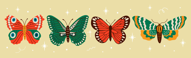 Hand drawn cute butterfly vector illustrations set cartoon retro groovy funky style. Collection of various summer colorful exotic tropical insects, moths sticker design elements 