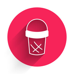 White Ice cream in waffle cone icon isolated with long shadow background. Sweet symbol. Red circle button. Vector