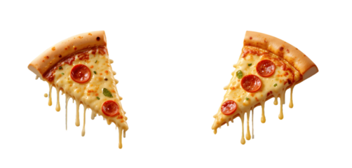 Delicious cheesy pizza slices dripping, element set on transparent background 