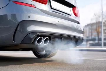Close-up of car exhaust pipes emitting smoke, gray car with dual exhaust on a road.