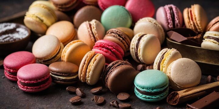 Colorful macarons arranged beautifully on a dark surface with coffee beans and chocolate pieces in the composition
