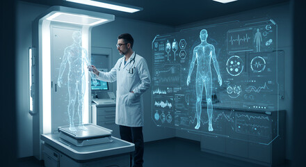 Scientist analyzing body of person on an interactive holographic display in medical laboratory. Digital human. High-tech study personalized health person. Future of biomedicine, diagnostic. Healthcare