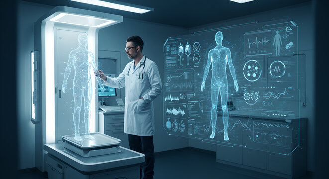 Scientist analyzing body of person on an interactive holographic display in medical laboratory. Digital human. High-tech study personalized health person. Future of biomedicine, diagnostic. Healthcare