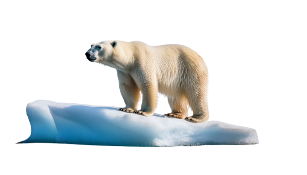 Climate Change & Environment concept, a polar bear on a shrinking iceberg, isolated on transparent background