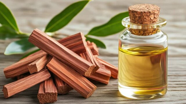 Aromatic wood chips and essential oil on rustic table
