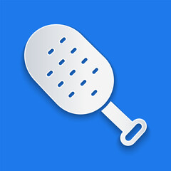 Paper cut Sauna brush icon isolated on blue background. Wooden brush with coarse bristles for washing in the bath. Anti cellulite massage. Paper art style. Vector
