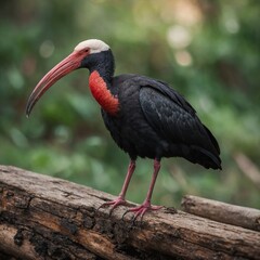 Bald Ibis bird on piece of wood