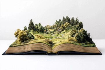 Magical landscape emerges from open book at night with stars illuminating the scene