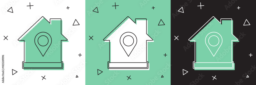 Aufkleber set map pointer with house icon isolated on white and green, black background. home location marker 