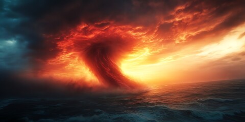 Fiery Vortex Tornado Ocean Sunset Dramatic Scene