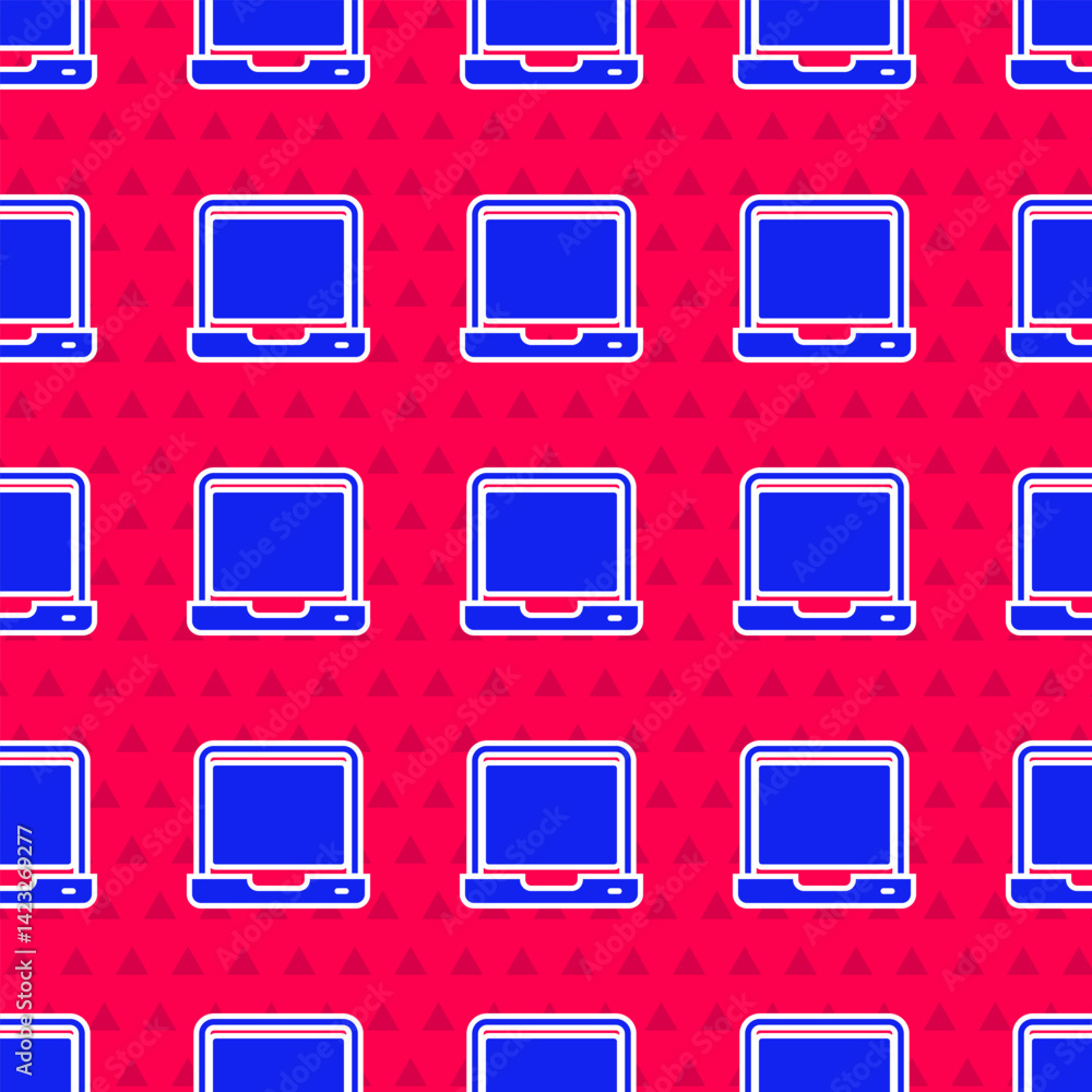 Poster blue laptop icon isolated seamless pattern on red background. computer notebook with empty screen si