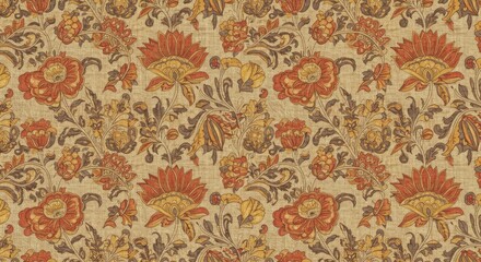 Aged Cotton Texture Traditional Kalamkari Floral Motifs Indian Textile Print Classic Cultural Design Pattern