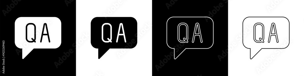 Poster set speech bubbles with question and answer icon isolated on black and white background. q and a sym