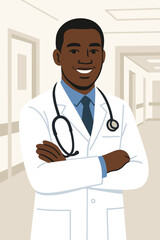 Fototapeta premium vector flat illustration of a confident Black male doctor in white coat with stethoscope, standing in a hospital hallway, smiling, healthcare theme, professional African medical worker, isolated