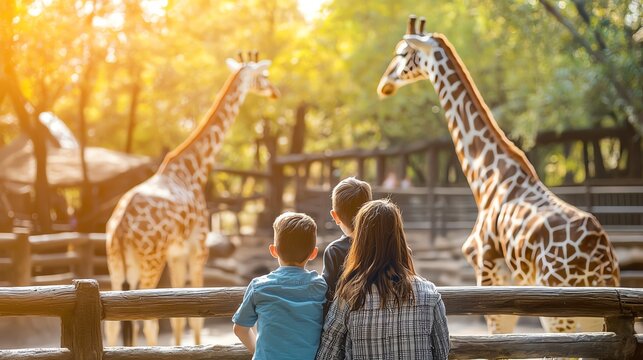Children admiring giraffes in a zoo setting.