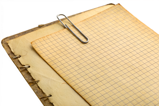A realistic mockup of an old, yellowed notepad sheet with faint grid lines, held together with a metal paper clip. The vintage look adds charm, perfect for retro-themed projects, journaling, scrapbook