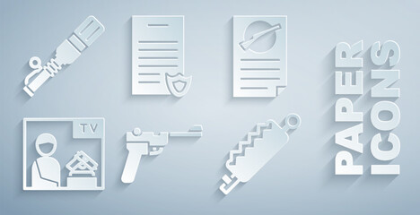Set Mauser gun, Firearms license certificate, Advertising weapon, Trap hunting, and Anti-tank hand grenade icon. Vector