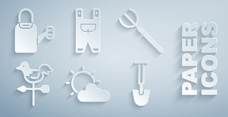 Set Sun and cloud weather, Garden pitchfork, Rooster vane, Shovel, worker clothes and Watering can icon. Vector