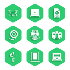 Set VFX, Makeup mirror with lights, Video recorder on laptop, Actor trailer, Gimbal stabilizer for camera, Film reel, MOV file document and Drone flying icon. Vector