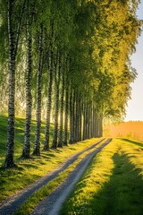Naklejka premium Sunlit Birch Tree Lane Countryside Path