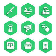 Set Peace, Censored stamp, Protest, Ball on chain, Scales of justice, Graduate and graduation cap, Police officer and rubber baton icon. Vector