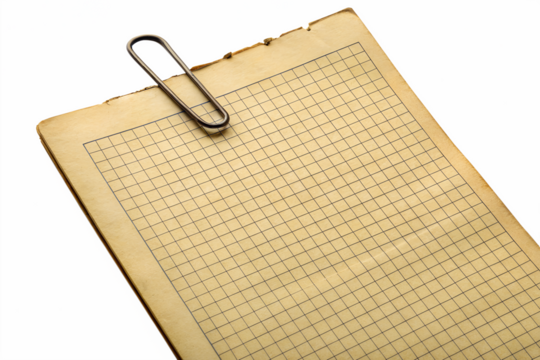A realistic mockup of an old, yellowed notepad sheet with faint grid lines, held together with a metal paper clip. The vintage look adds charm, perfect for retro-themed projects, journaling, scrapbook