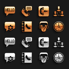 Set Phone book, Employee hierarchy, Clock, Headphones with question, Telephone 24 hours support, Incoming call, Hello different languages and conversation icon. Vector