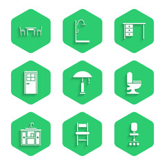 Set Table lamp, Chair, Office chair, Toilet bowl, Washbasin cabinet with tap, Closed door, desk and Wooden table icon. Vector