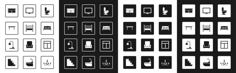 Set Toilet bowl, Baby crib cradle bed, Wooden table, Chest of drawers, Big, Picture frame on, Window in the room and Table lamp icon. Vector